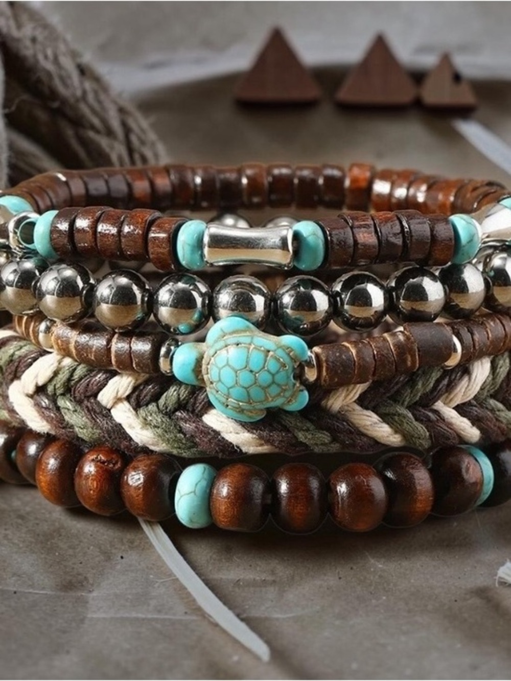 Boho Turquoise & Brown Layered Bracelet Set - Women